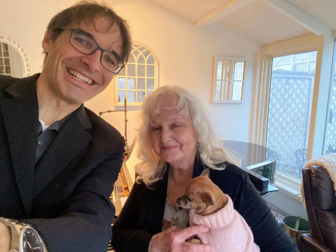 Christina and composer Frank Horvat after a rehearsal and Abby the Chihuahua, latest rescue dog